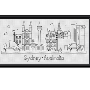 Könnte beinhalten: Eine Schwarzweiß-Linienzeichnung der Skyline von Sydney, einschließlich des Sydney Opera House, der Sydney Harbour Bridge und anderer berühmter Sehenswürdigkeiten. Der Text "Sydney: Australien" befindet sich unterhalb der Skyline.