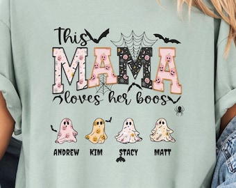 Custom Mama Halloween Shirt, This Mama Loves Her Boos + Custom Name Ghost Shirt, Spooky Mama Retro Shirt, Funny Halloween Mom Tshirt
