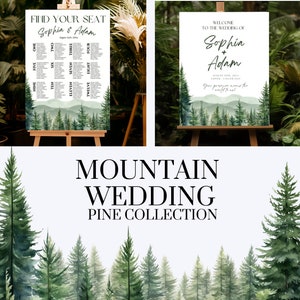 Pacchetto modello matrimonio foresta montagna stampabile, tabella posti a sedere al tavolo + cartello di benvenuto Matrimonio in bosco di pini, modificabile, download istantaneo