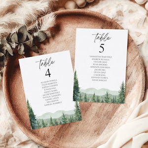 Druckbare Sitzordnung für die Berghochzeit, Woodland Pine Forest Hochzeit Tischnummern, bearbeitbare Sitzplan Vorlage, sofort Download