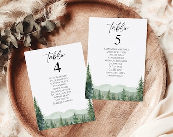 Printable Mountain Wedding Seating Card, Woodland Pine Forest Wedding Table Numbers, Editable Seating Chart Sign Template, Instant Download