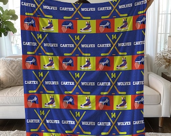 Custom Ice Hockey Blanket, Personalized Sports Team Blanket with Tri-Color Background, Perfect Hockey Gifts for Player Mom Team
