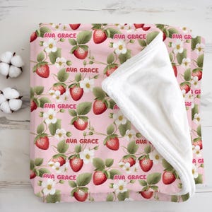 Custom Strawberry Blanket for Girls with Name, Personalized Baby Name Blanket, Pink Girl Nursery Decor, Toddler Blanket, Gift for Baby Girl