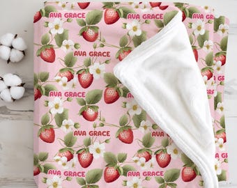 Custom Strawberry Blanket for Girls with Name, Personalized Baby Name Blanket, Pink Girl Nursery Decor, Toddler Blanket, Gift for Baby Girl