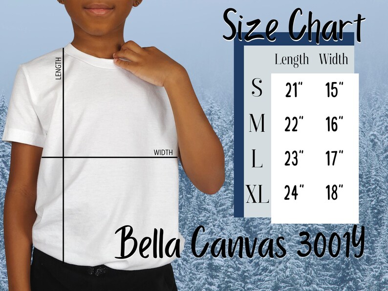 Op de afbeelding: Een wit T-shirt met een maattabel die de afmetingen in inches aangeeft. De tabel bevat de maten S, M, L en XL. De tekst "Bella Canvas 3001Y" is ook zichtbaar.