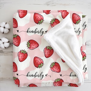 Custom Strawberry Blanket for Girls with Name, Personalized Baby Name Blanket, Pink Girl Nursery Decor, Toddler Blanket, Gift for Baby Girl