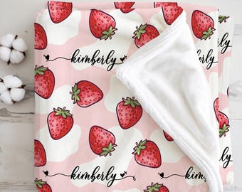 Custom Strawberry Blanket for Girls with Name, Personalized Baby Name Blanket, Pink Girl Nursery Decor, Toddler Blanket, Gift for Baby Girl