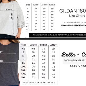 May include: Size chart for Gildan 18000 heavy blended crewneck sweatshirt and Bella + Canvas 3001 unisex jersey t-shirt. The chart shows measurements in inches for width, length, sleeve, chest, and size options from XS to 5XL.