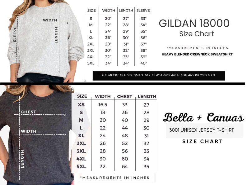 May include: Size chart for Gildan 18000 heavy blended crewneck sweatshirt and Bella + Canvas 3001 unisex jersey t-shirt. The chart shows measurements in inches for width, length, sleeve, chest, and size options from XS to 5XL.