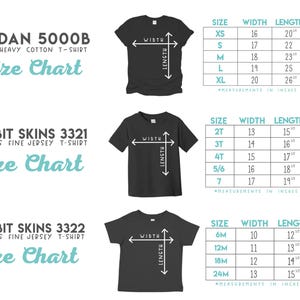 May include: Size chart for Gildan 5000B youth heavy cotton t-shirts, Rabbit Skins 3321 toddler's fine jersey t-shirts, and Rabbit Skins 3322 infant's fine jersey t-shirts. The chart shows the size, width, and length in inches for each shirt style.