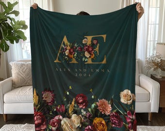 Personalized Monogrammed Throw Blanket, Custom Floral Blanket with Name, Custom Monogram Anniversary Wedding Birthday Blanket Gift