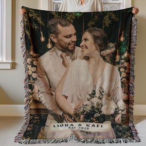 Woven Wedding Blanket Personalized for Couple, Custom Photo Throw Blankets w/ Name & Date, Personalized Blanket for Wedding Anniversary Gift