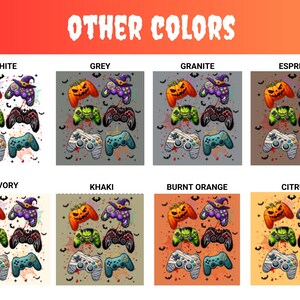Op de afbeelding: Een digitale illustratie van een Halloween-thema videogamecontroller met een pompoen, een heksenhoed en vleermuizen. De afbeelding toont 10 verschillende kleurvariaties van het ontwerp, waaronder wit, grijs, graniet, espresso, ivoor, kaki, gebrande sinaasappel, citrus en meer.