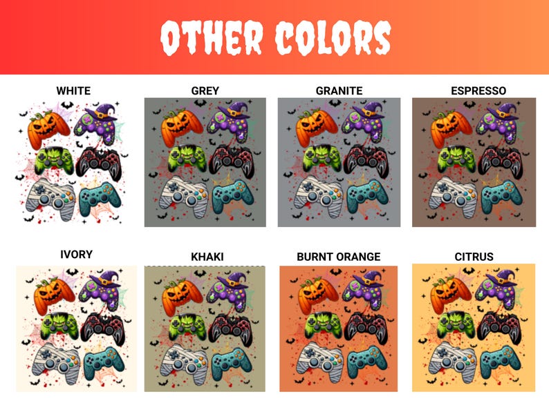Op de afbeelding: Een digitale illustratie van een Halloween-thema videogamecontroller met een pompoen, een heksenhoed en vleermuizen. De afbeelding toont 10 verschillende kleurvariaties van het ontwerp, waaronder wit, grijs, graniet, espresso, ivoor, kaki, gebrande sinaasappel, citrus en meer.