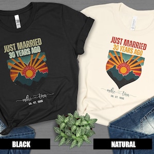 Personalized 30th 40th 50th Wedding Anniversary Shirt Gift for Couples, Retro Sunset Just Married Matching Shirt, Anniversary Honeymoon Gift