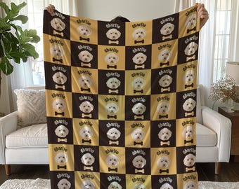 May include: A brown and yellow fleece blanket with a checkered pattern. The blanket features a repeated image of a dog's face with the name "charlie" written underneath each image.