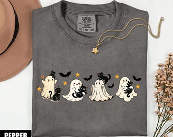 Niedliches Halloween-Geist-Shirt, schwarze Katzenfledermäuse und Geist-Halloween-Shirts, Retro Damen Halloween-Shirt, süßes Herbst-Shirt, gruselige Saison Shirt