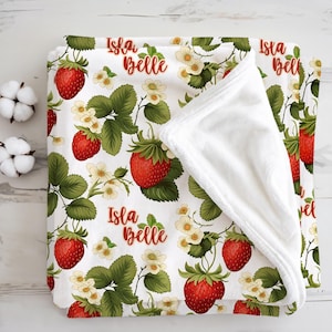 Custom Strawberry Blanket for Girls with Name, Personalized Baby Name Blanket, Pink Girl Nursery Decor, Toddler Blanket, Gift for Baby Girl