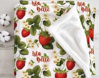 Custom Strawberry Blanket for Girls with Name, Personalized Baby Name Blanket, Pink Girl Nursery Decor, Toddler Blanket, Gift for Baby Girl