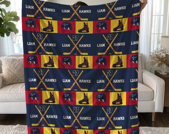Personalized Ice Hockey Blanket, Custom Tri-Color Hockey Blanket, Team Colors Gift for Hockey Mom Player Coach, Sports Team Blanket