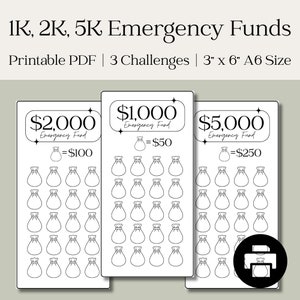 May include: Three printable charts for tracking progress towards saving $1,000, $2,000, and $5,000. Each chart features a series of 20 money bags, representing increments of $50, $100, and $250, respectively.