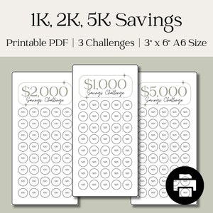 May include: Printable savings challenge tracker with three different goals: $1,000, $2,000, and $5,000. Each tracker has a grid of circles to mark off as you save. The trackers are designed to be printed on A6 paper, which is 3 inches by 6 inches.