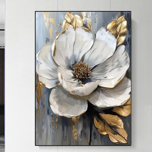 Grande peinture florale 3D en or blanc, peinture florale 3D texturée lourde, art mural floral texturé, art floral sur toile, art déco de chambre à coucher moderne