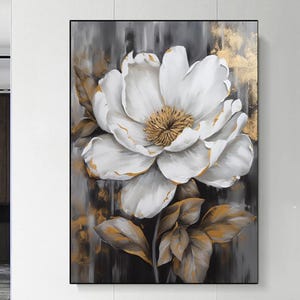 Peinture à l'huile florale texturée 3D originale, peinture florale dorée, art abstrait floral blanc, art floral texturé lourd 3D, décoration murale de chambre à coucher