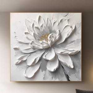 Grande peinture originale de fleurs blanches épanouies, peinture acrylique sur toile grise blanche, décoration florale de texture épaisse d'art mural 3D peint à la main