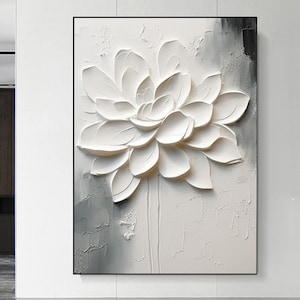 Grande toile 3D, peinture à l'huile de fleurs, peinture texturée grise et blanche, peinture acrylique, décoration murale de fleurs moderne, décoration murale de salon