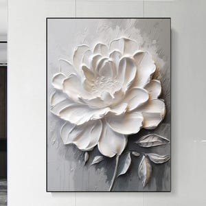 Grande peinture originale de fleurs sur toile 3D, art mural texturé gris blanc, peinture de fleurs épanouies, peinture acrylique de fleurs, décoration murale de fleurs