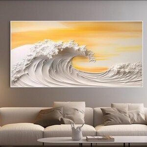 Grande toile 3D blanche vague de l'océan, peinture texturée 3D jaune, art fait main vague océan, décoration murale de chambre à coucher texture plage
