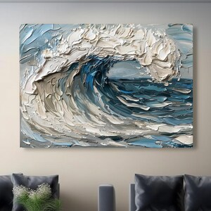 Peinture océanique 3D bleue et blanche, peinture à l'huile texturée épaisse représentant une vague de l'océan, peinture texturée 3D bleue, décoration artistique de salon