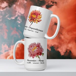 Watercolor Birth Month Flower Ceramic Mug for November, Flowers include Peony and Chrysanthemum, Mug, Coffee, Tea, Gifts for Her