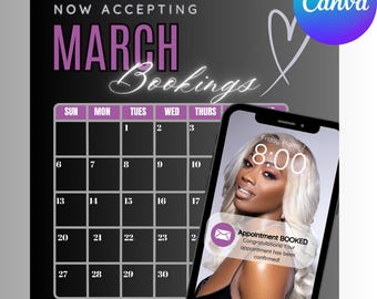 March Booking Templates, Monthly Bookings Available, Books Open, Editable Template , Instagram Post, Beauty Professional