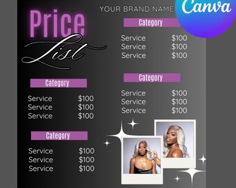 Plantilla de volante para publicación en Instagram con lista de servicios morados, peluquería, maquillaje, uñas y servicios de salón