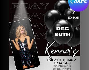Glam All Black Birthday Bash Invitation Template (Digital)