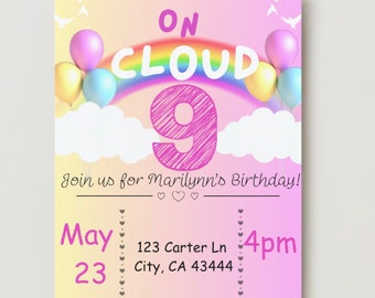 Cloud Nine, Birthday Girl Invitation, Ninth Birthday, Rainbow Birthday Invitation, Kid Party Invitation, Editable Invitation