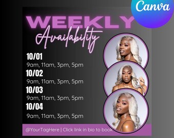 Weekly Availability Instagram Calendar Template, Appointments, Hair, Nail, Makeup Business flyer