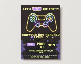 Gamer Birthday Party Level Invitation, Retro Neon Boy Birthday, Kid invitation, Level 7, Editable Invitation