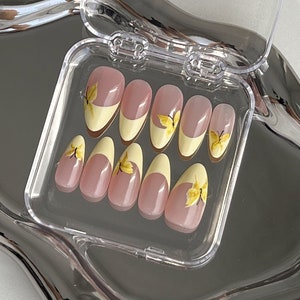 Butterfly French Tip Press On Nails: Hand-Painted Faux Acrylic Nails