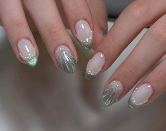 Unhas de gel ombré cat eye: unhas de gel acrílico artificiais feitas à mão