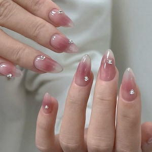 Ombre Pink Crystal Press On Nails: Handmade Faux Acrylic Gel Nails