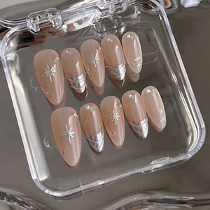 silver french star nails /custom press on nails/ hand made Press on Nails/Faux Acrylic Nails/ Gel Nails/Press on Nail