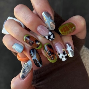 Handmade Graffiti Press On Nails: Multi Color Faux Acrylic Gel Nails