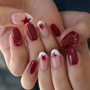 Burgundy Star French Press On Nails: Handmade Faux Acrylic Gel Nails