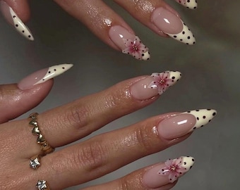 polka dot French 3d flower Press On Nails: Handmade custom Nails