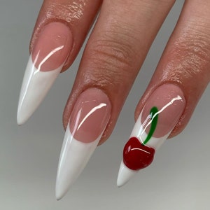 3D Cherry Press On Nails: French Tip, Handmade Faux Acrylic Gel Nails