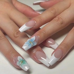 3D Flower Press On Nails: White French Tip, Handmade Gel Nails