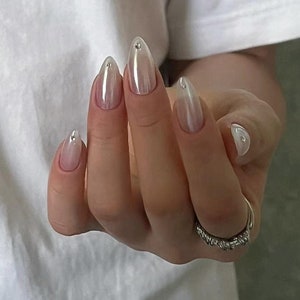Pearl White Chrome Press On Nails: Handmade Gel Nails